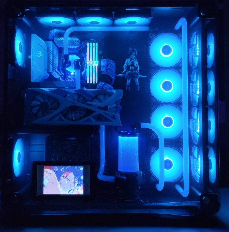 Side view of Blue Sakura with blue fans, white graphics card and a small internal screen